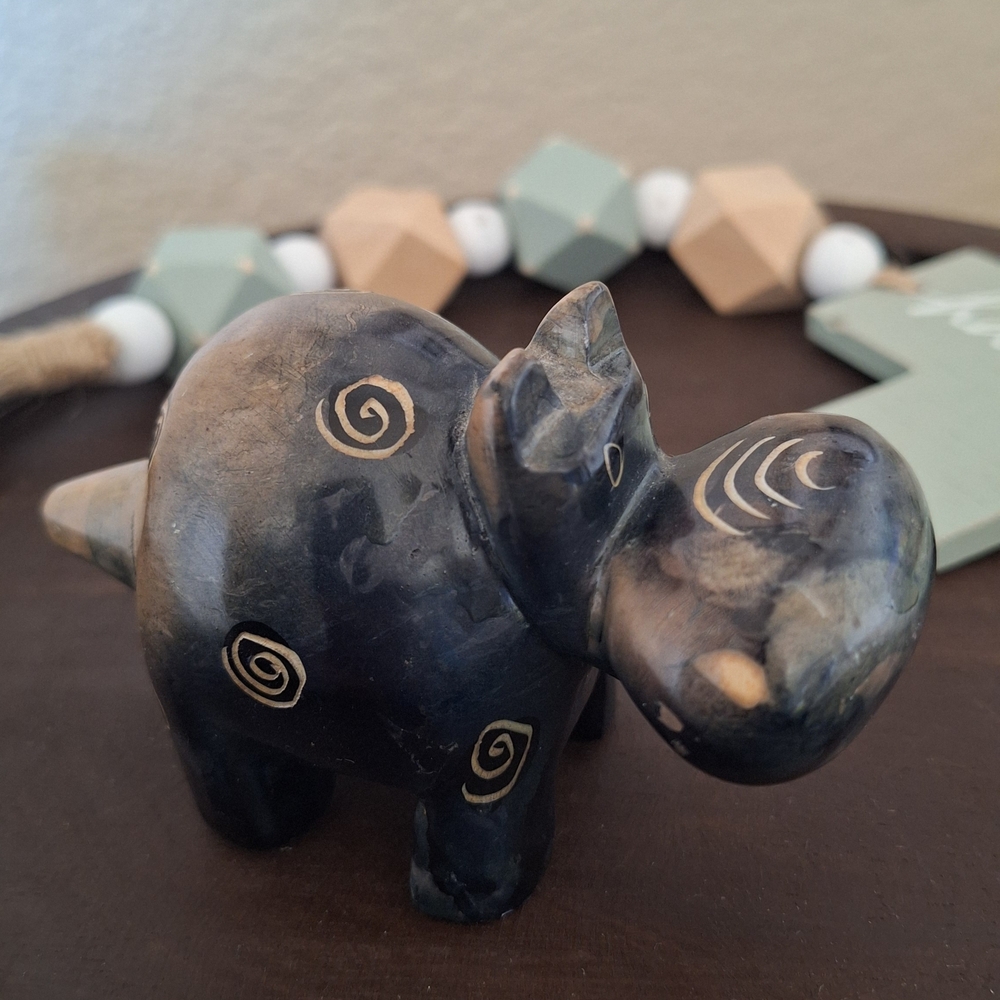 Artistic Hand Crafted Carved Soap Stone Hippo Figurine with Native Swirl Accents